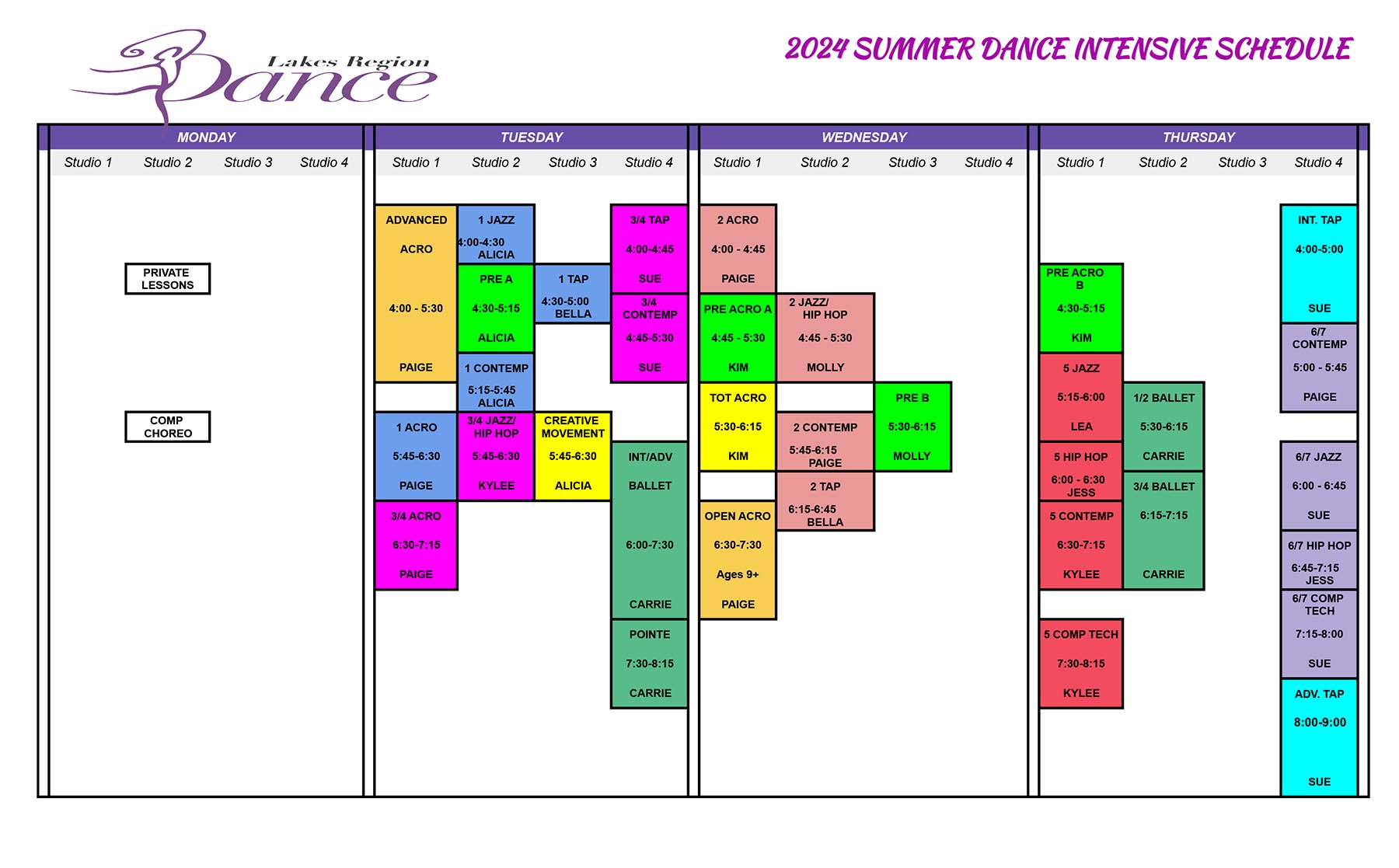 2024 Summer dance schedule for Lakes Region Dance