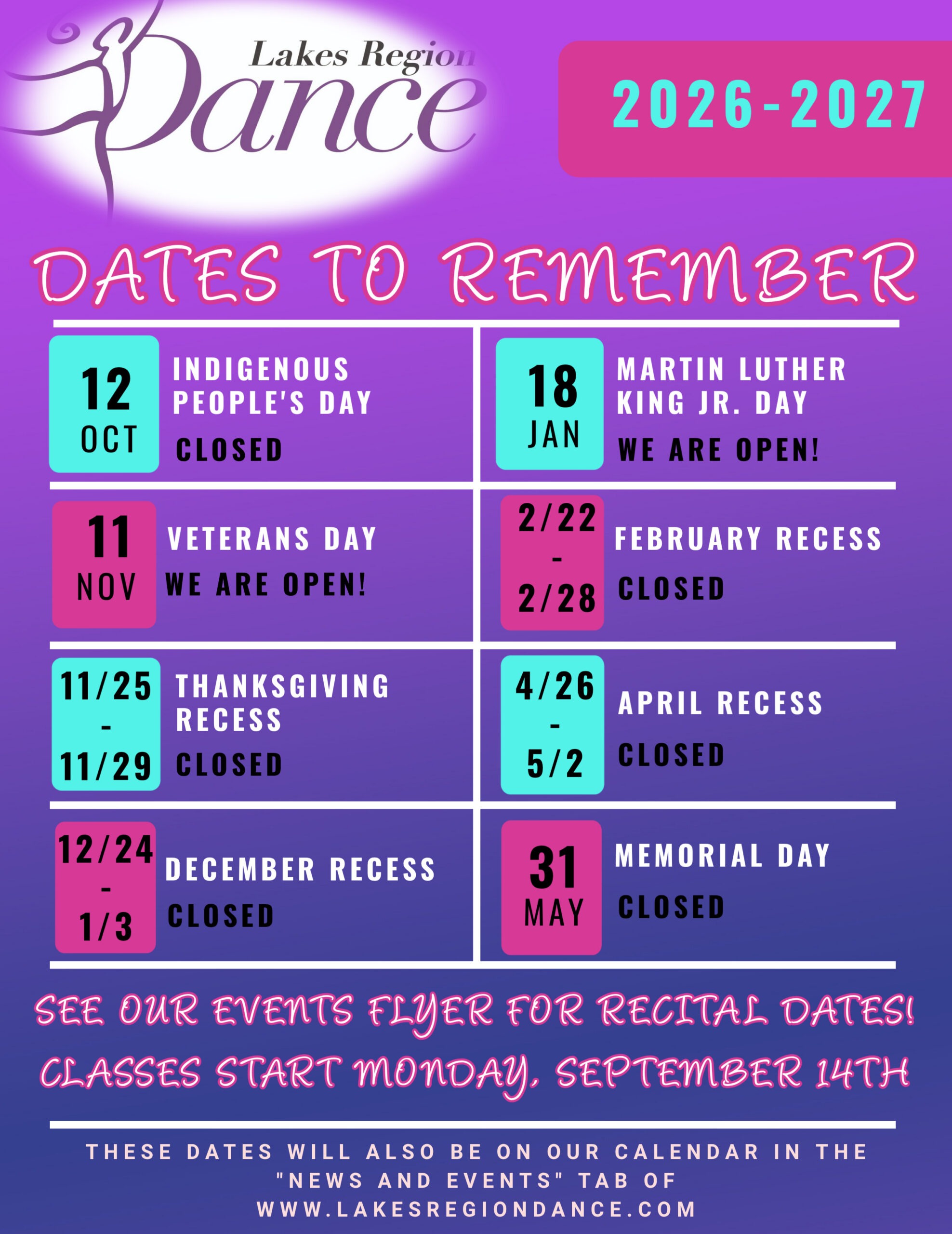Dates to remember 2026-2027
